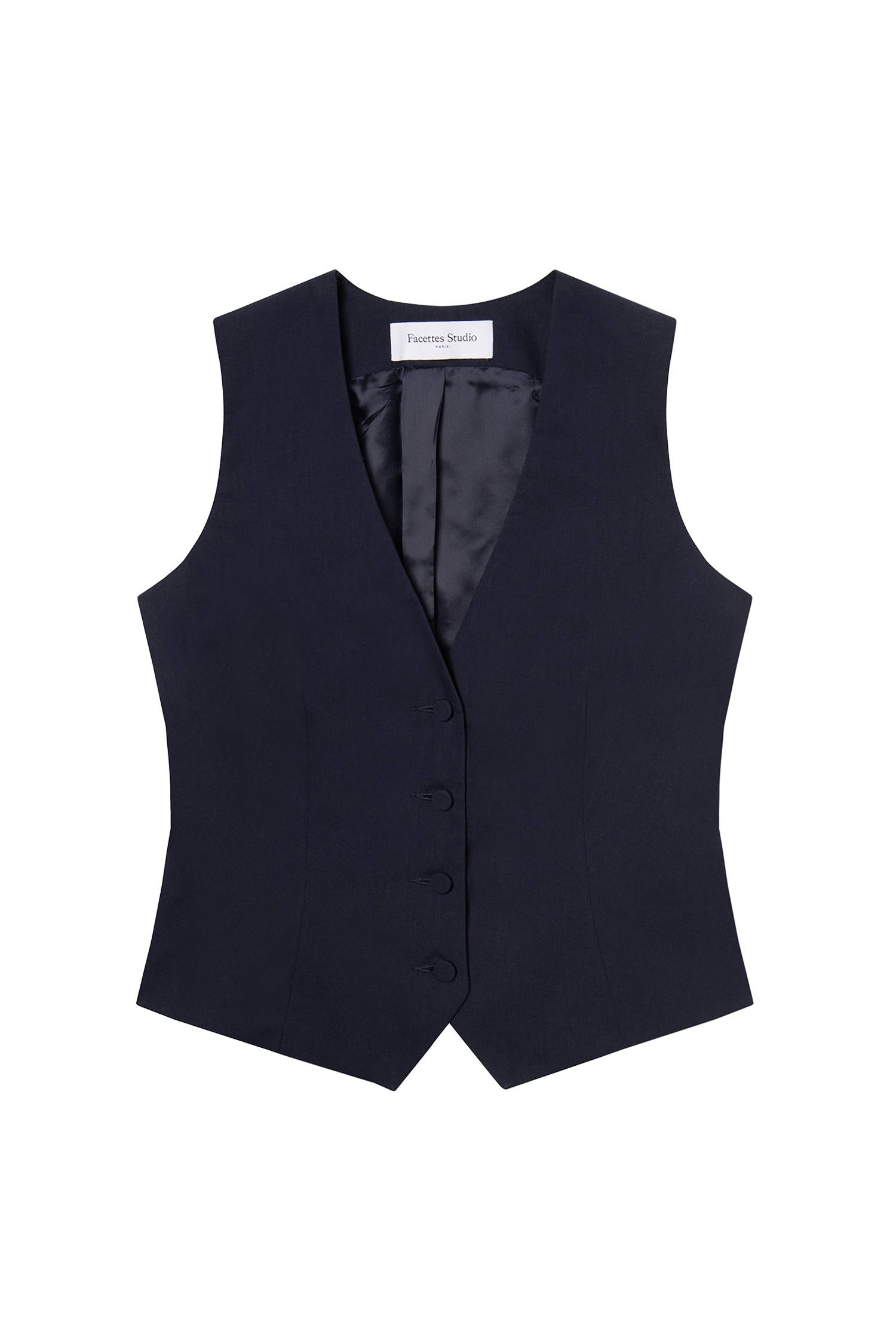 gilet de costume femme en toile de coton bleu marine Made in France par facettes Studio
