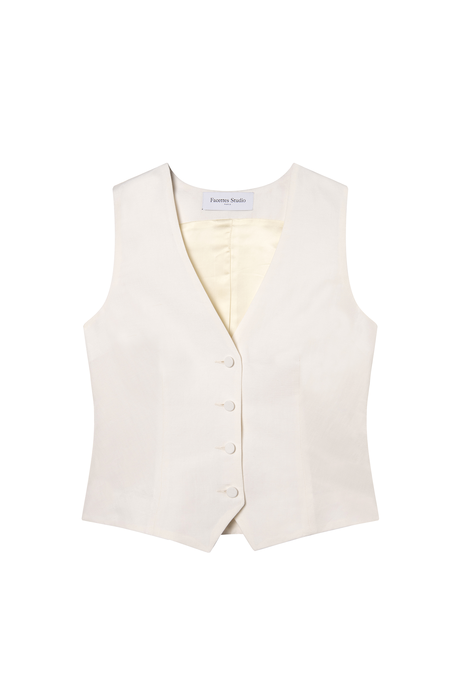 gilet costume femme col V en toile de lin et soie blanc cassé Made in France par Facettes Studio