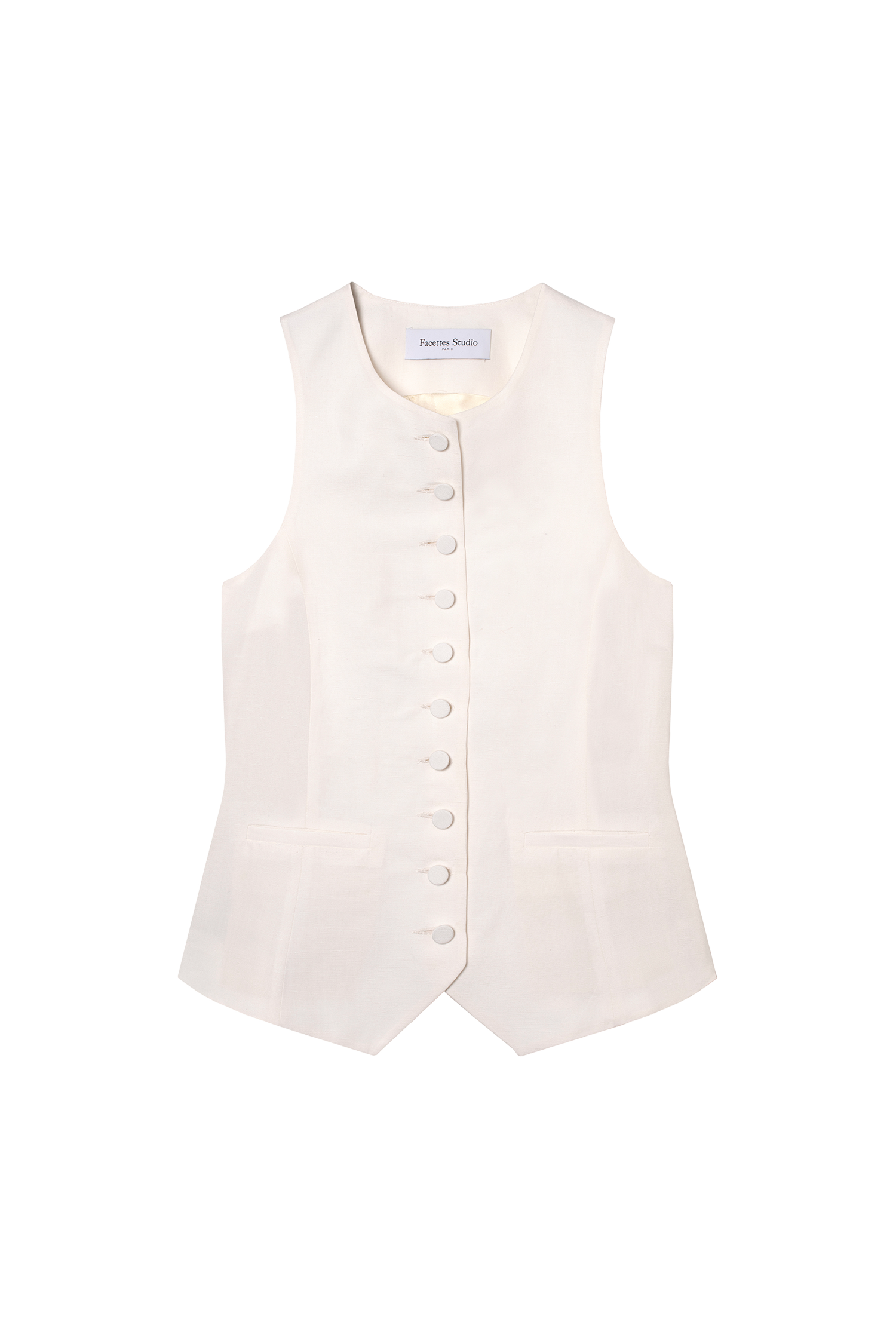 gilet veston de tailleur femme toile de lin et soie blanc cassé Made in France par Facettes Studio