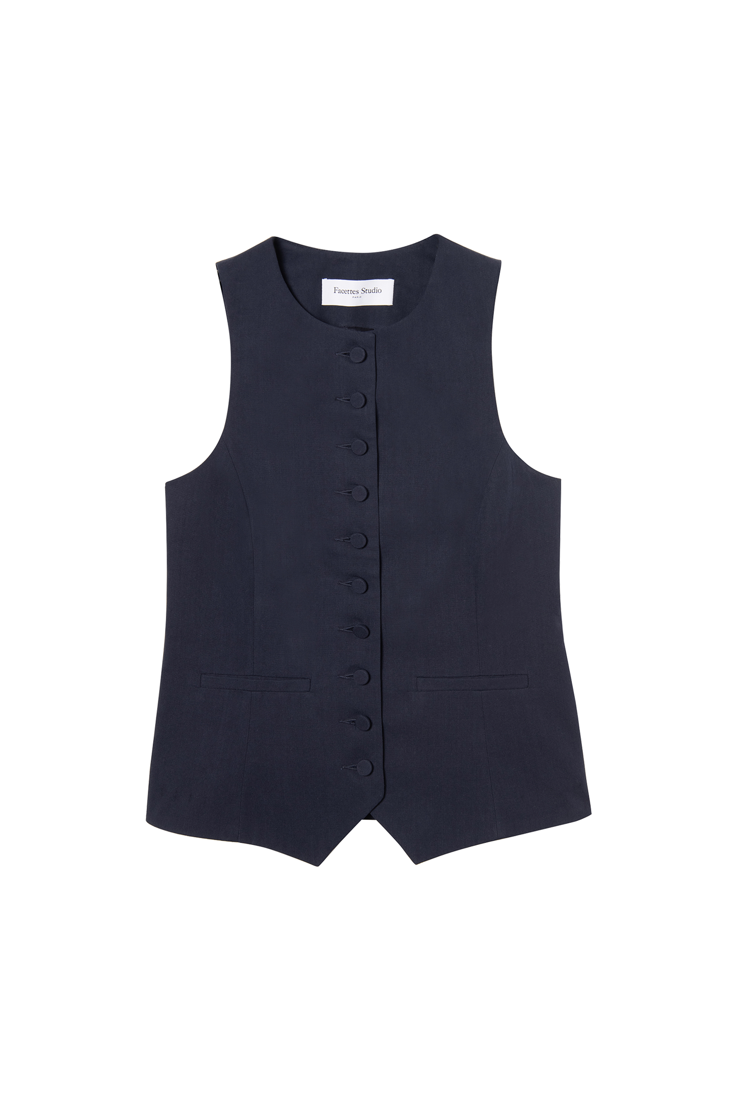 gilet de costume femme en toile de coton bleu marine Made in France par Facettes Studio