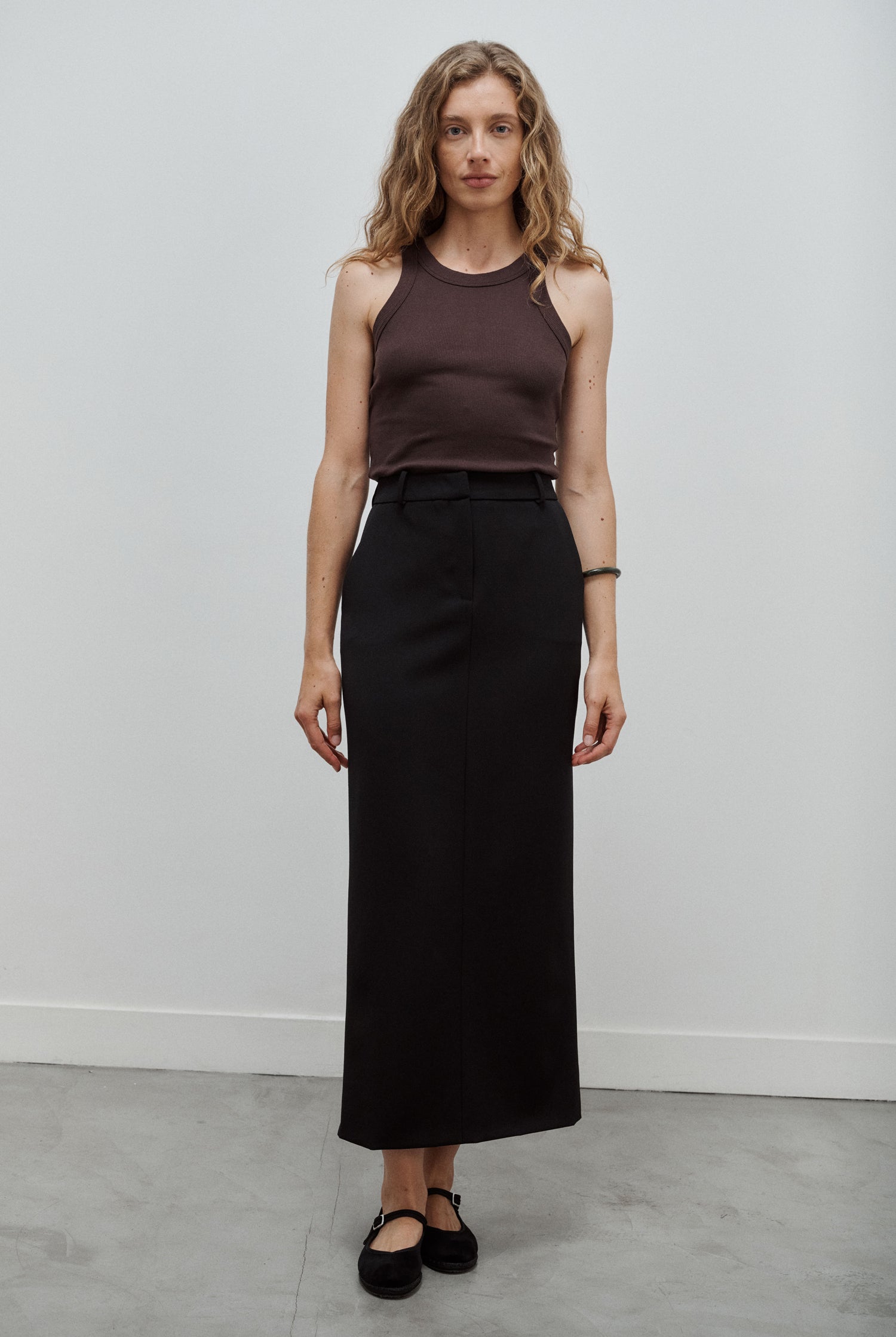 jupe longue tailleur en gabardine de laine noire Made in France par Facettes Studio
