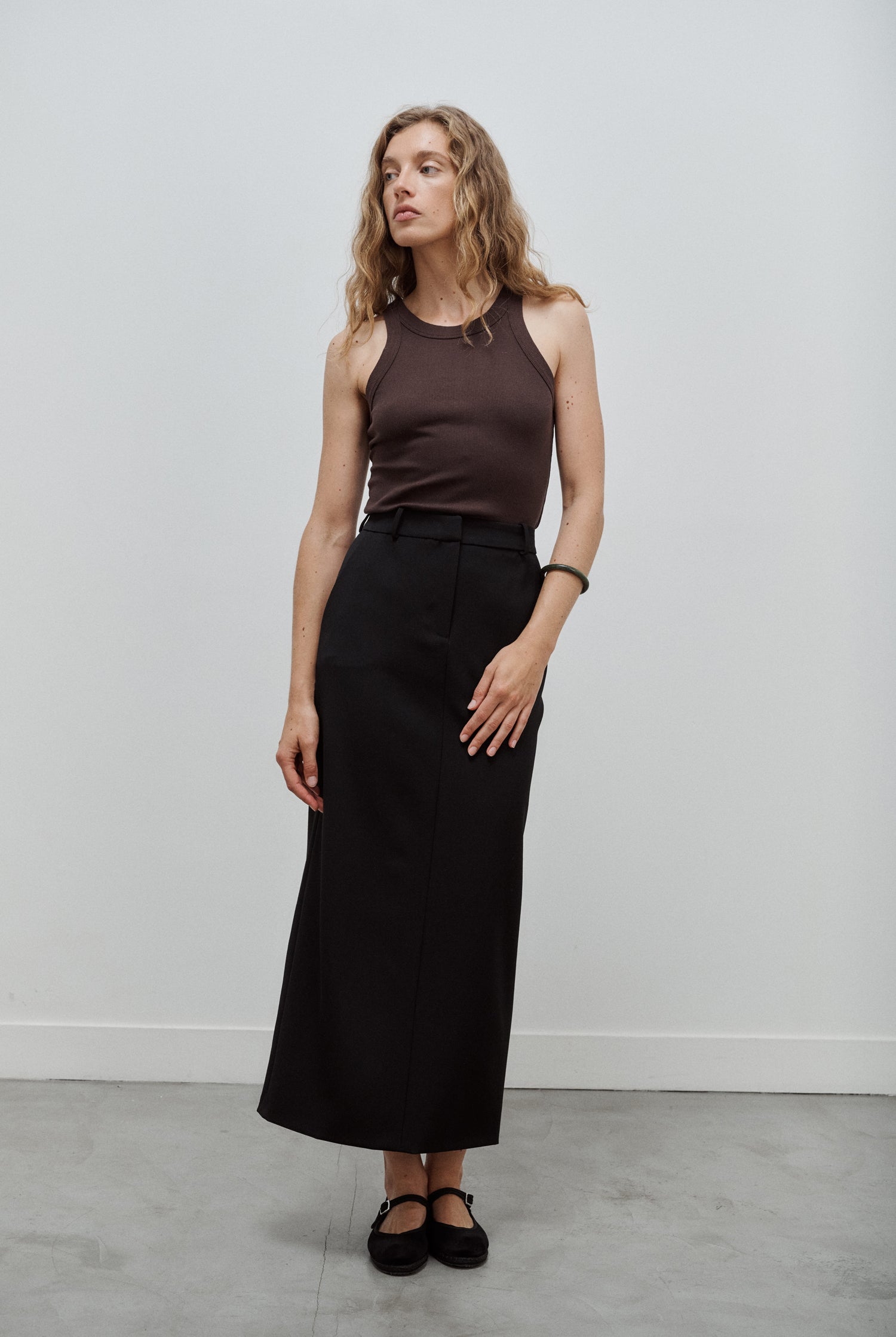 jupe longue tailleur en gabardine de laine noire Made in France par Facettes Studio