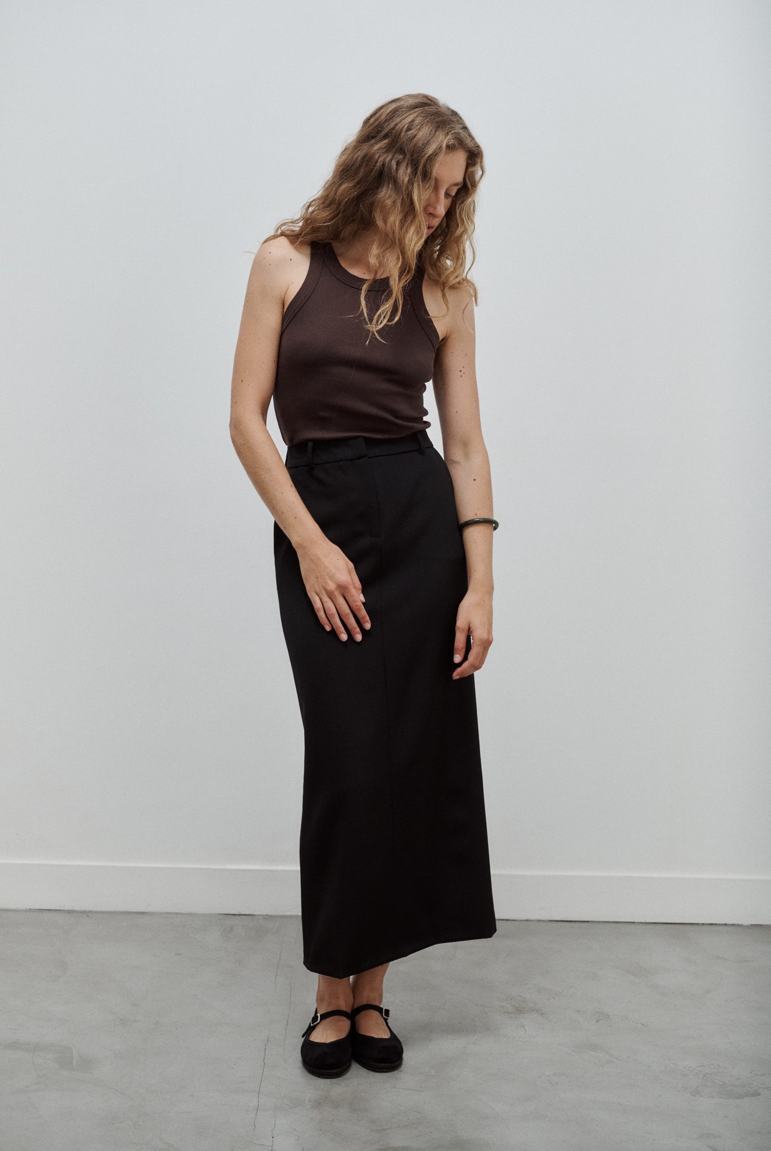 jupe longue tailleur en gabardine de laine noire Made in France par Facettes Studio