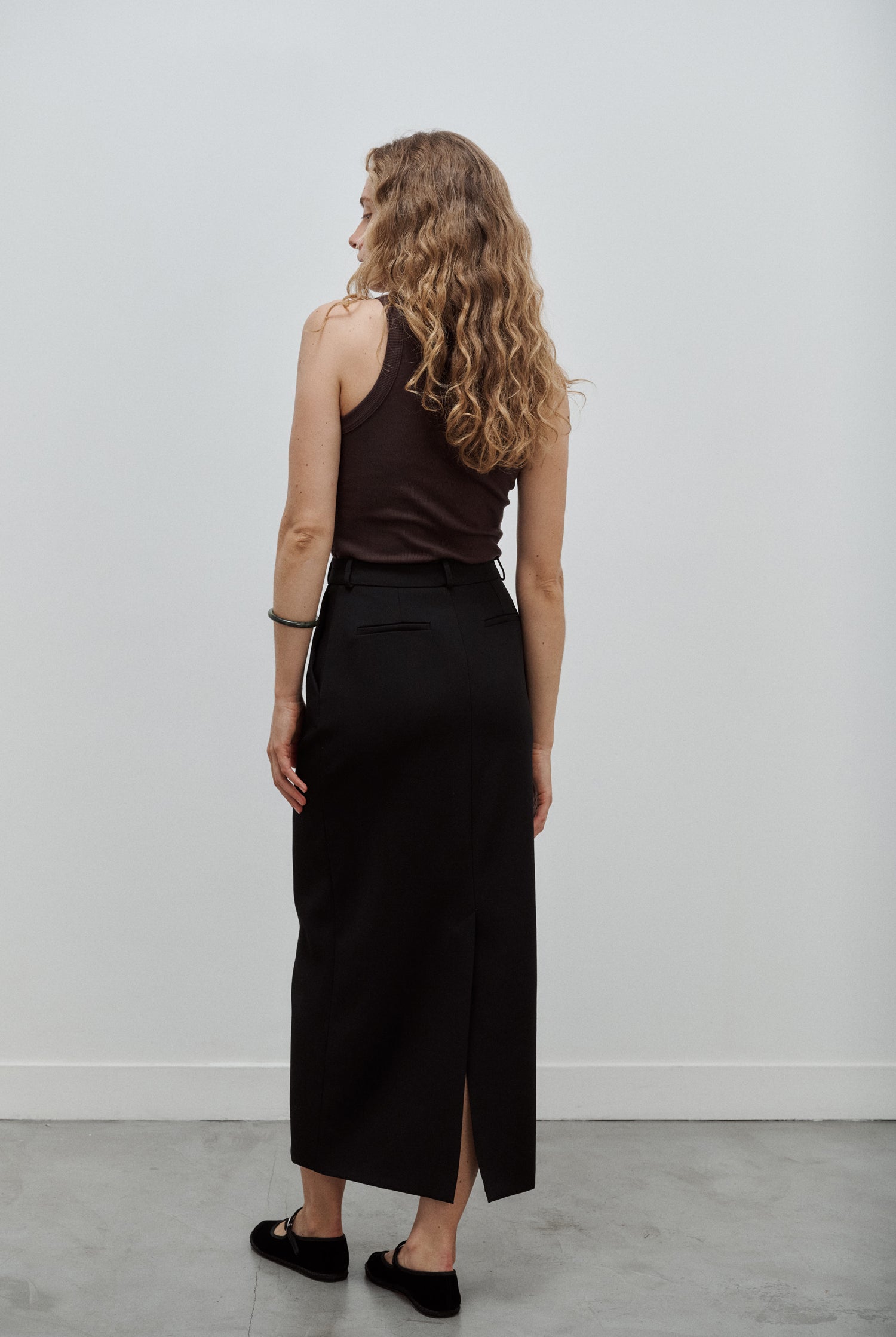 jupe longue tailleur en gabardine de laine noire Made in France par Facettes Studio
