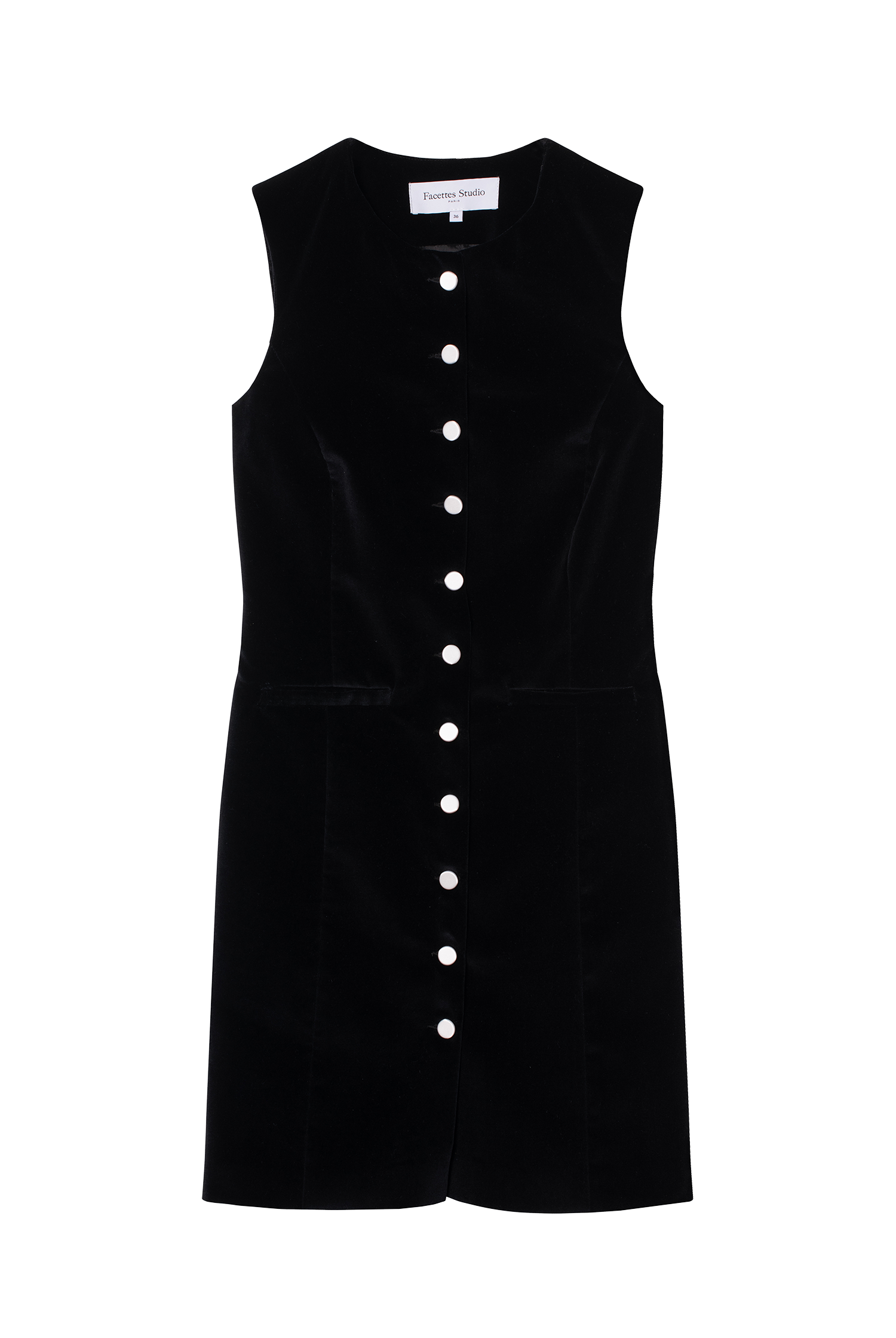 robe courte en velours de coton noir et boutons de satin de soie blanc - Facettes Studio
