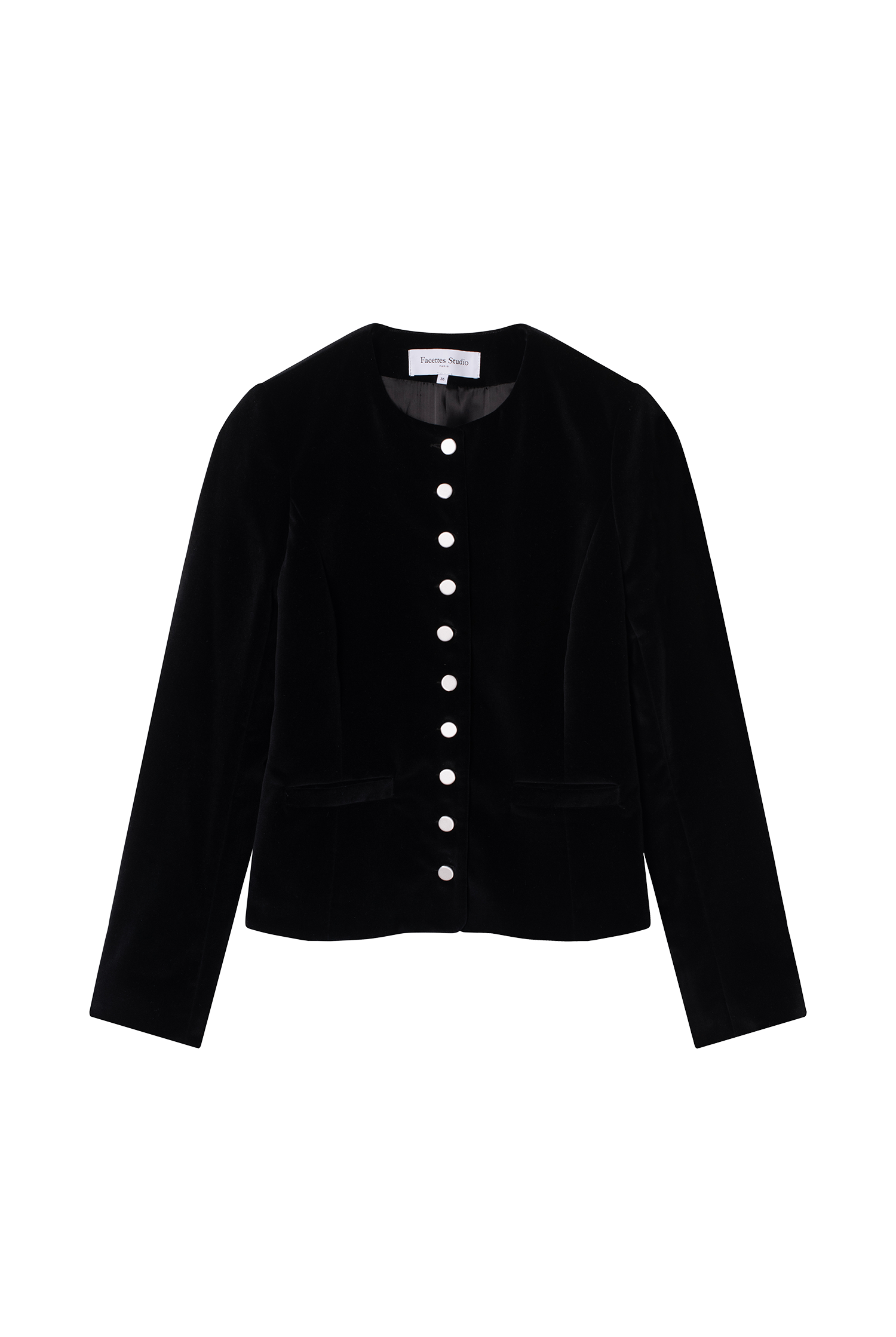 veste femme cintrée en velours de coton noir et boutons de satin blanc - Facettes Studio