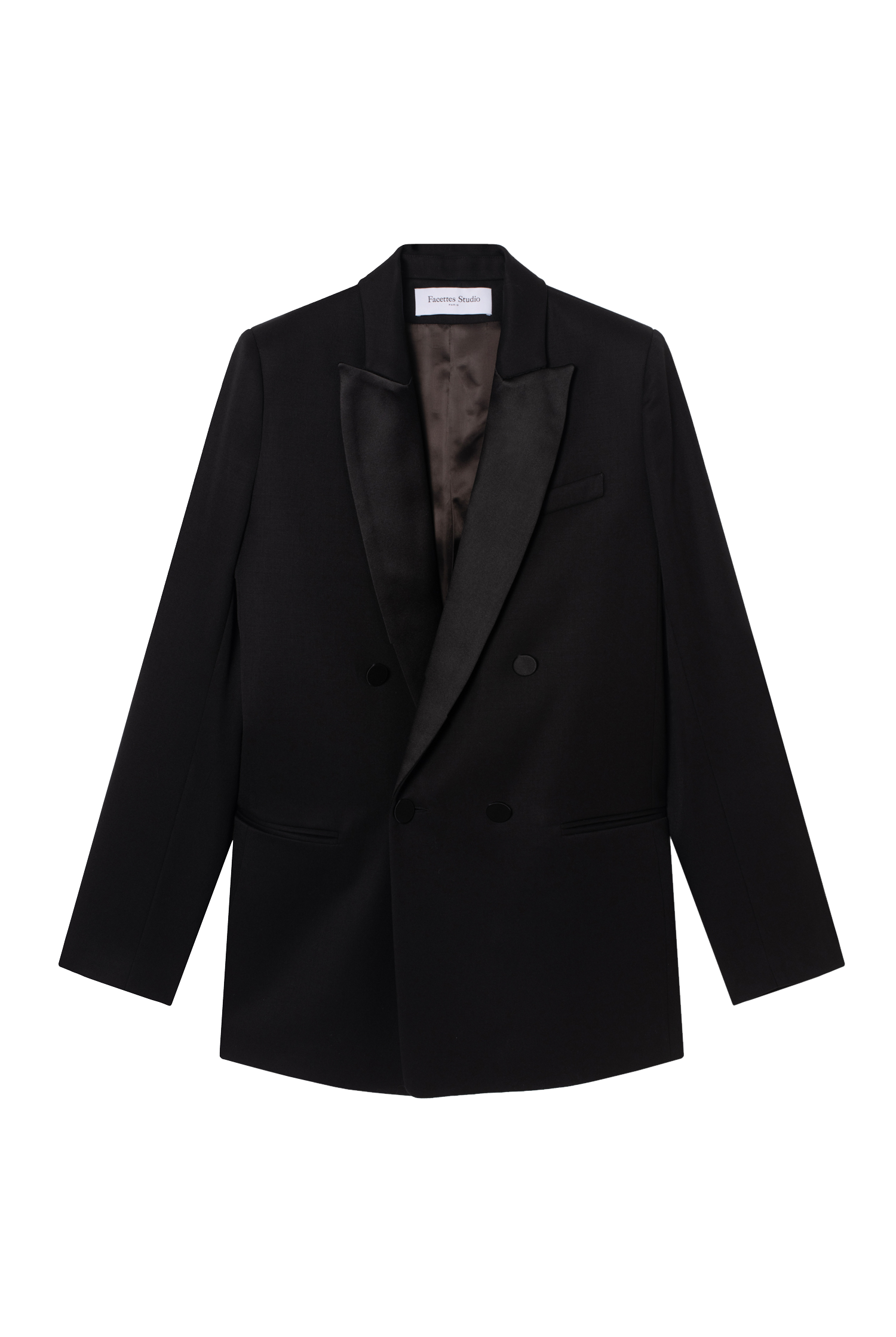 veste de smoking noire pour femme à double boutonnage en grain de poudre de laine noir et col en satin de soie noir par Facettes Studio