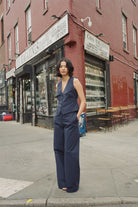 ensemble gilet et pantalon de tailleur en coton bleu marine Made in France par Facettes Studio