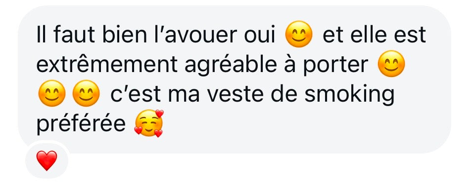 témoignage cliente "c'est ma veste de smoking préférée - Facettes Studio