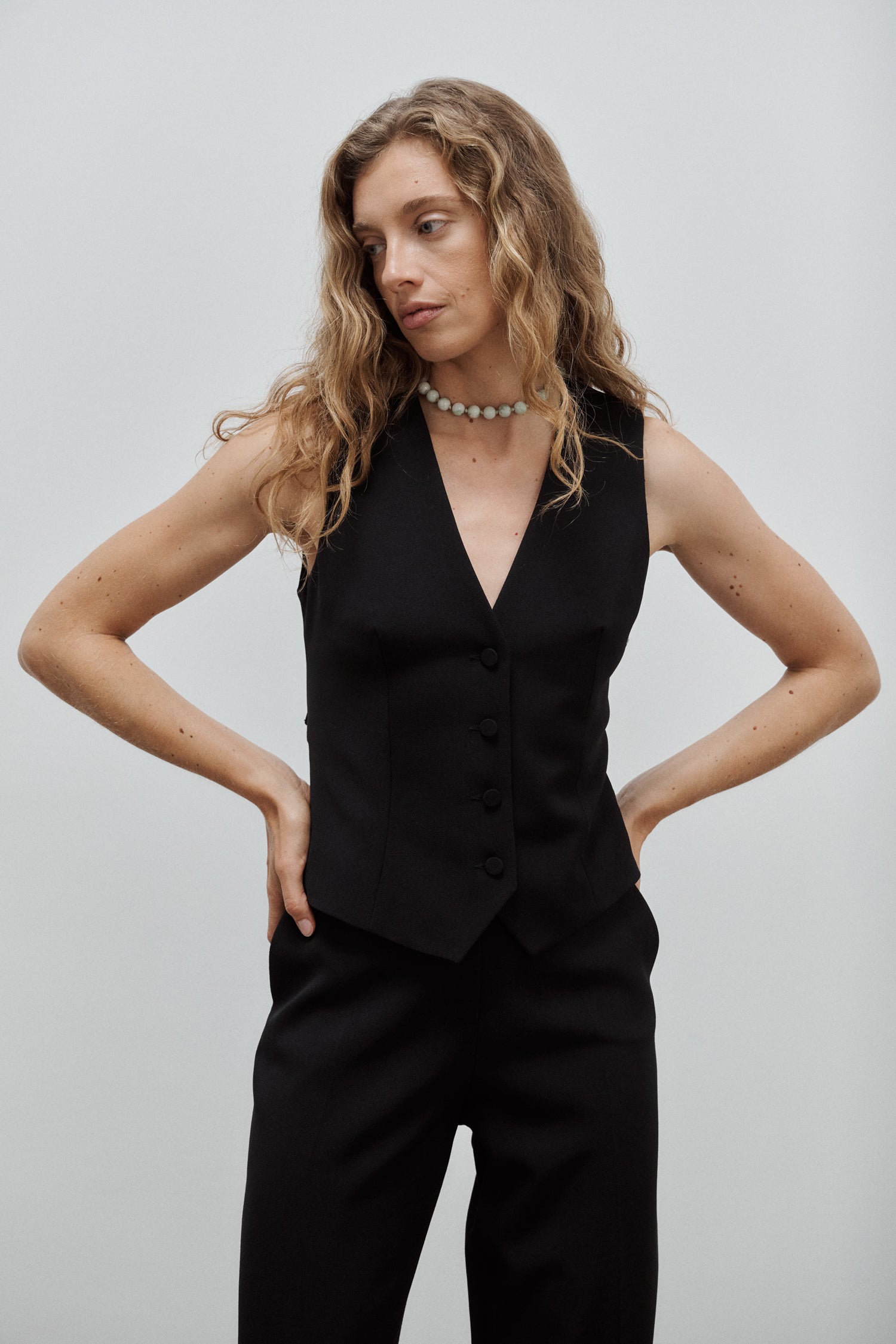 gilet veston de tailleur femme gabardine de laine noire Made in France par Facettes Studio