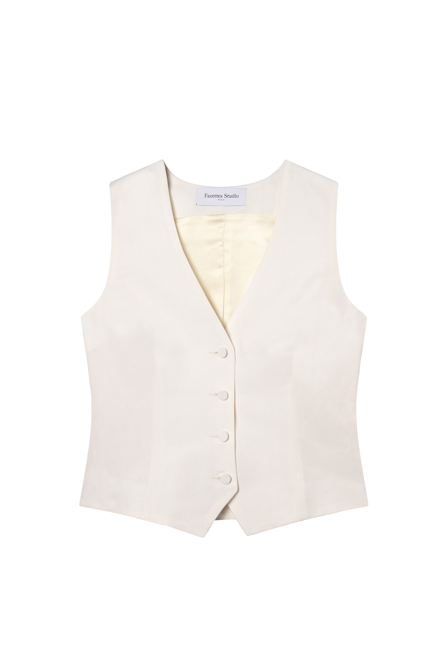 gilet costume femme col V en toile de lin et soie blanc cassé Made in France par Facettes Studio
