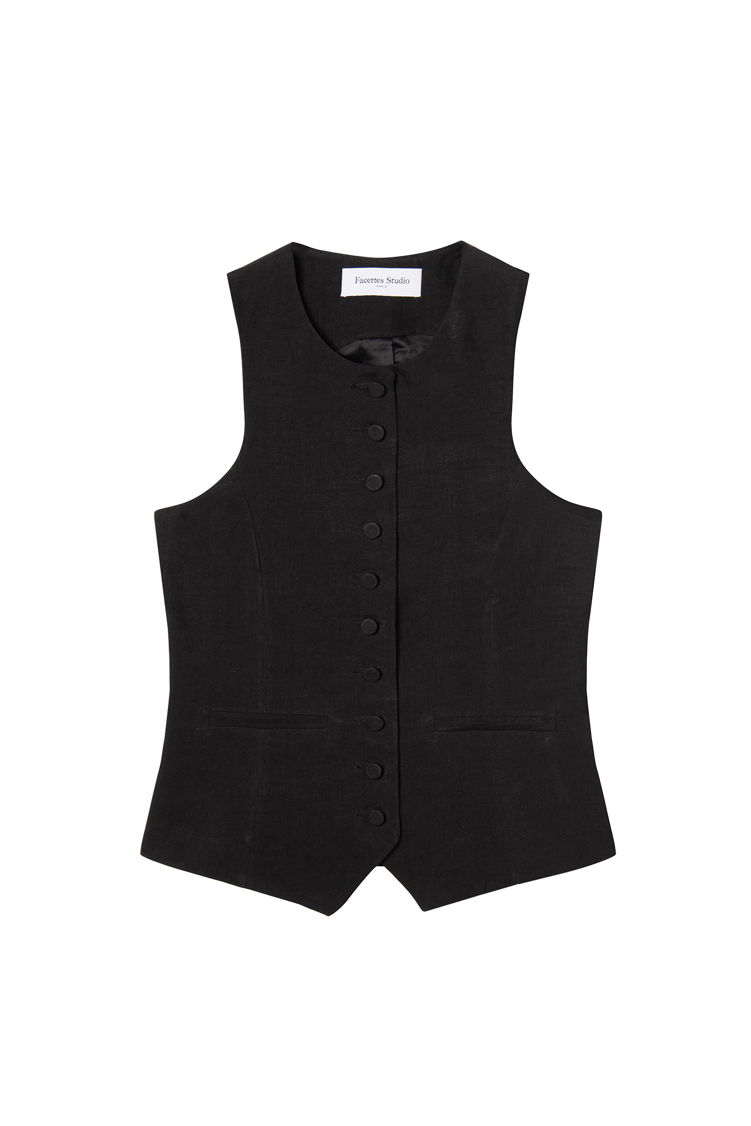 gilet costume femme col rond en toile de lin lavé noir Made in France par Facettes Studio