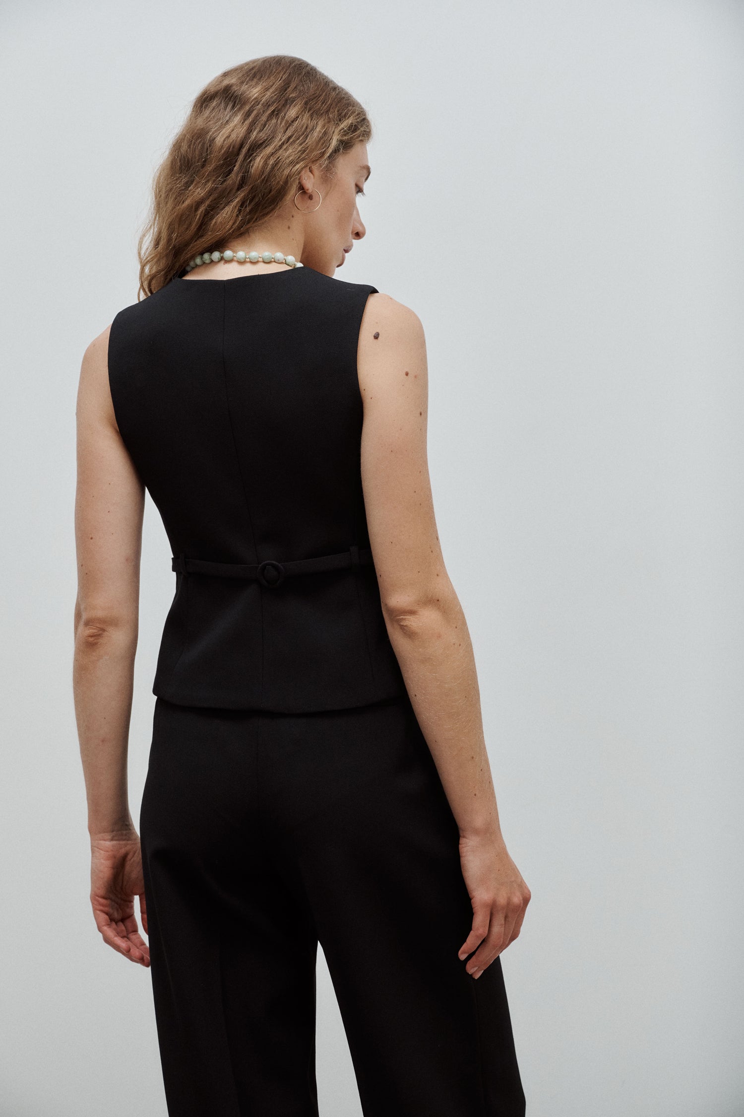 gilet veston de tailleur femme gabardine de laine noire Made in France par Facettes Studio