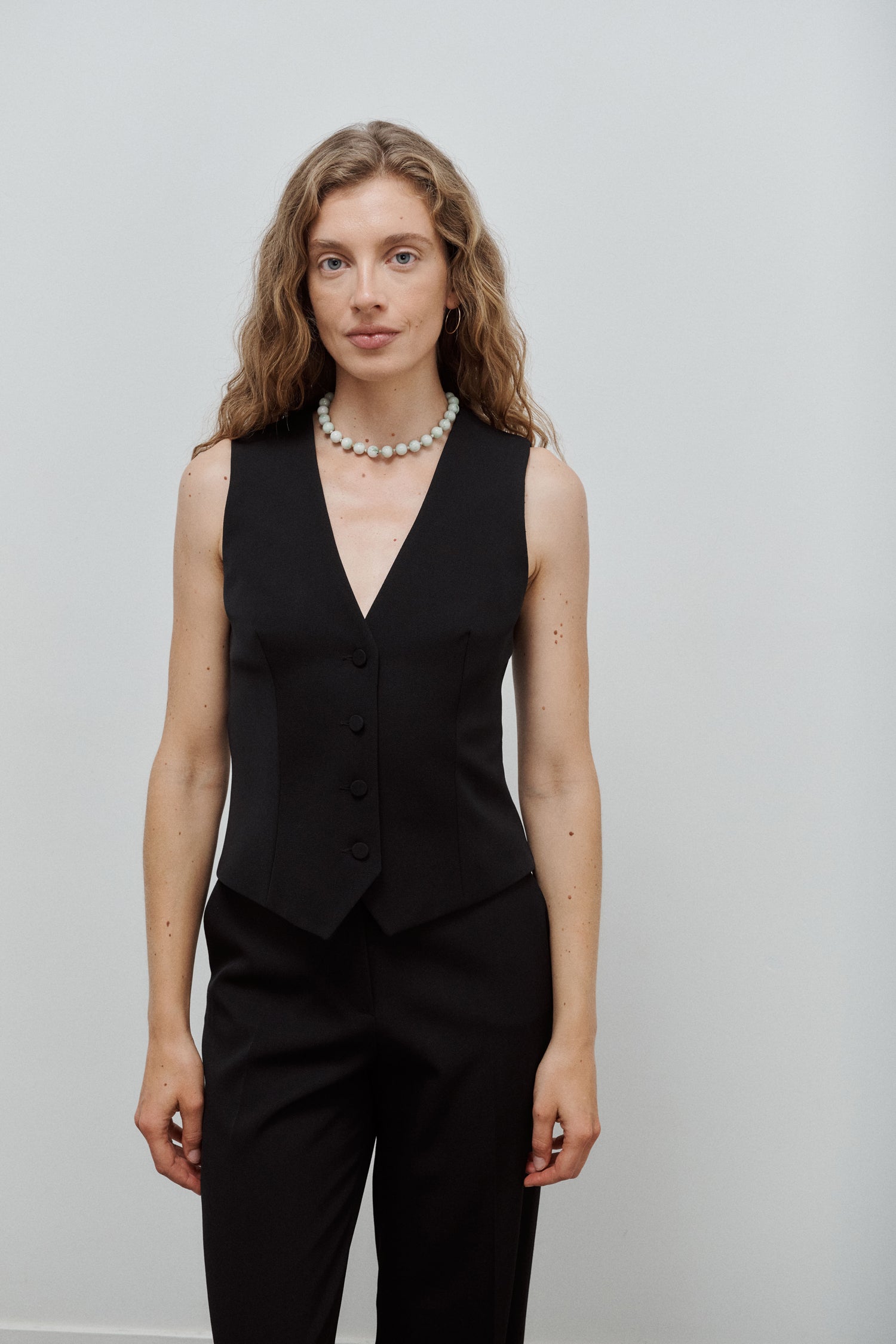 gilet veston de tailleur femme gabardine de laine noire Made in France par Facettes Studio