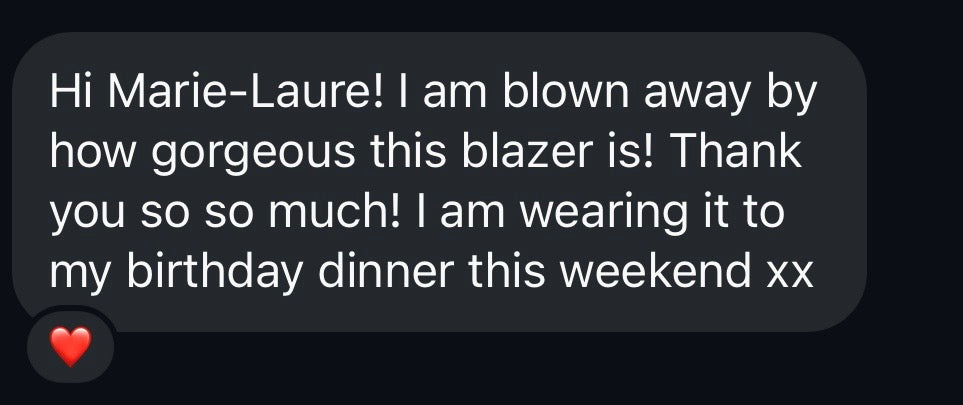 témoignage cliente Facettes Studio "I am blown away by how gorgeous this blazer is!"