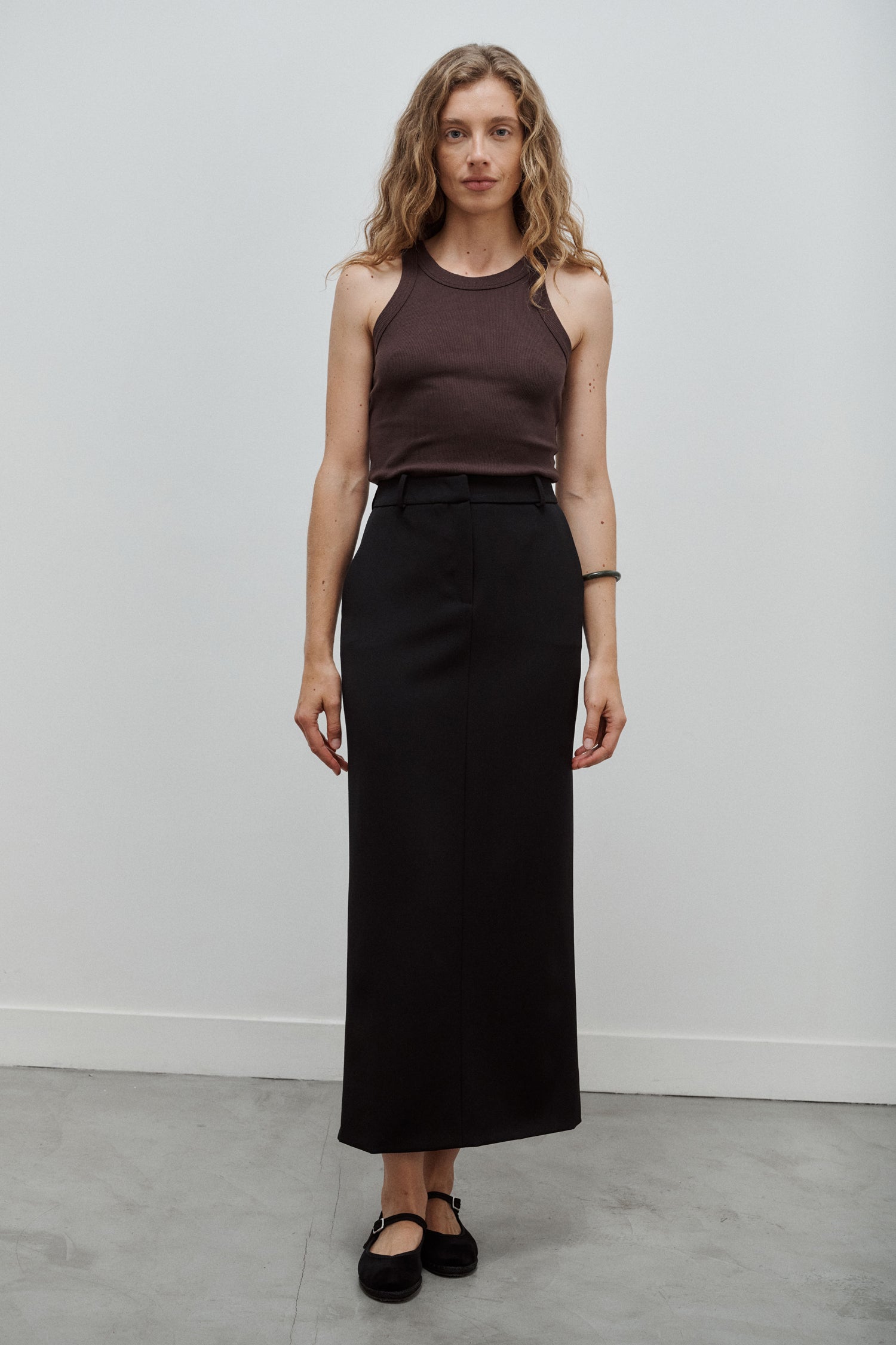 jupe longue tailleur en gabardine de laine noire Made in France par Facettes Studio