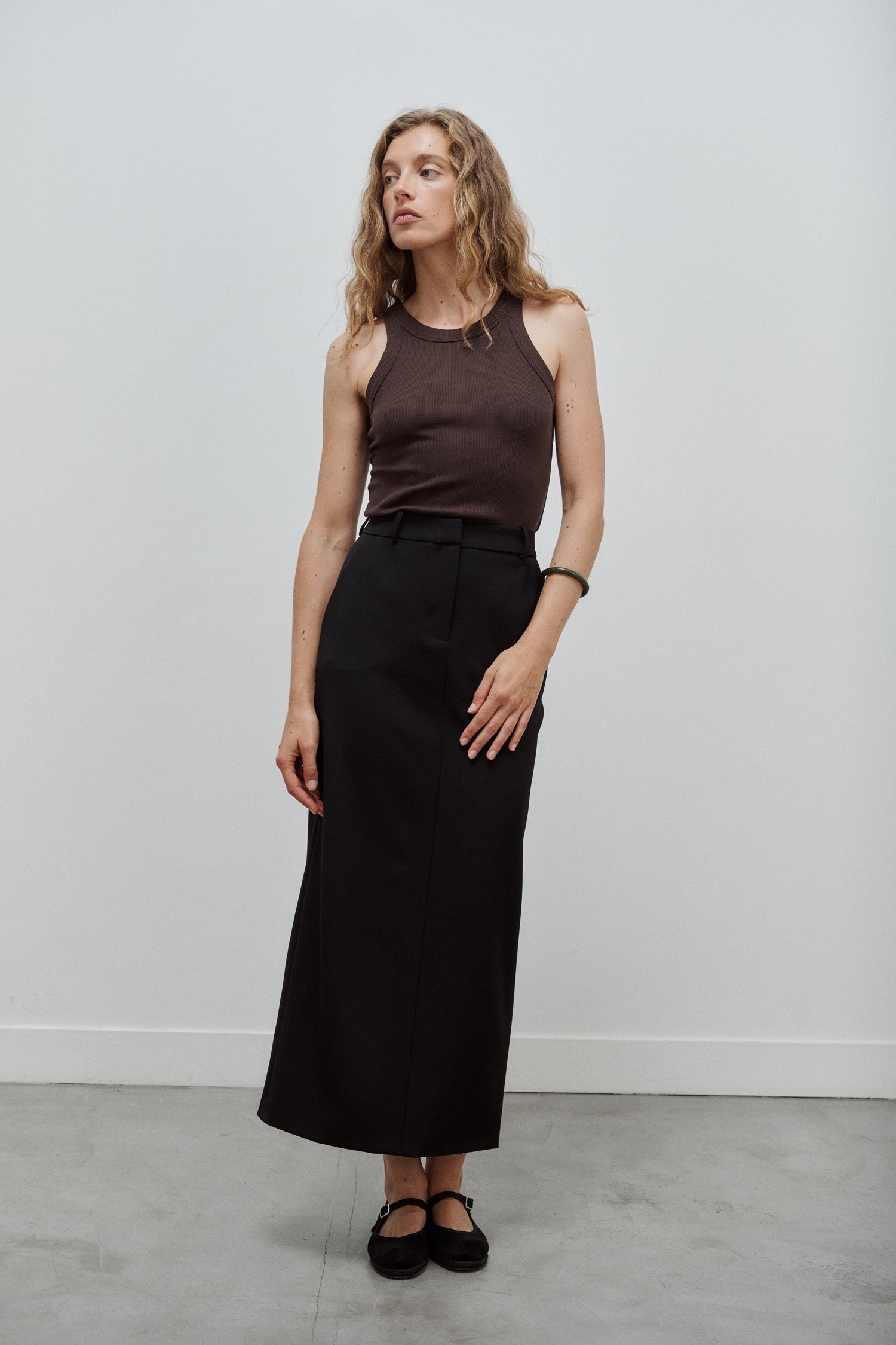 jupe longue tailleur en gabardine de laine noire Made in France par Facettes Studio