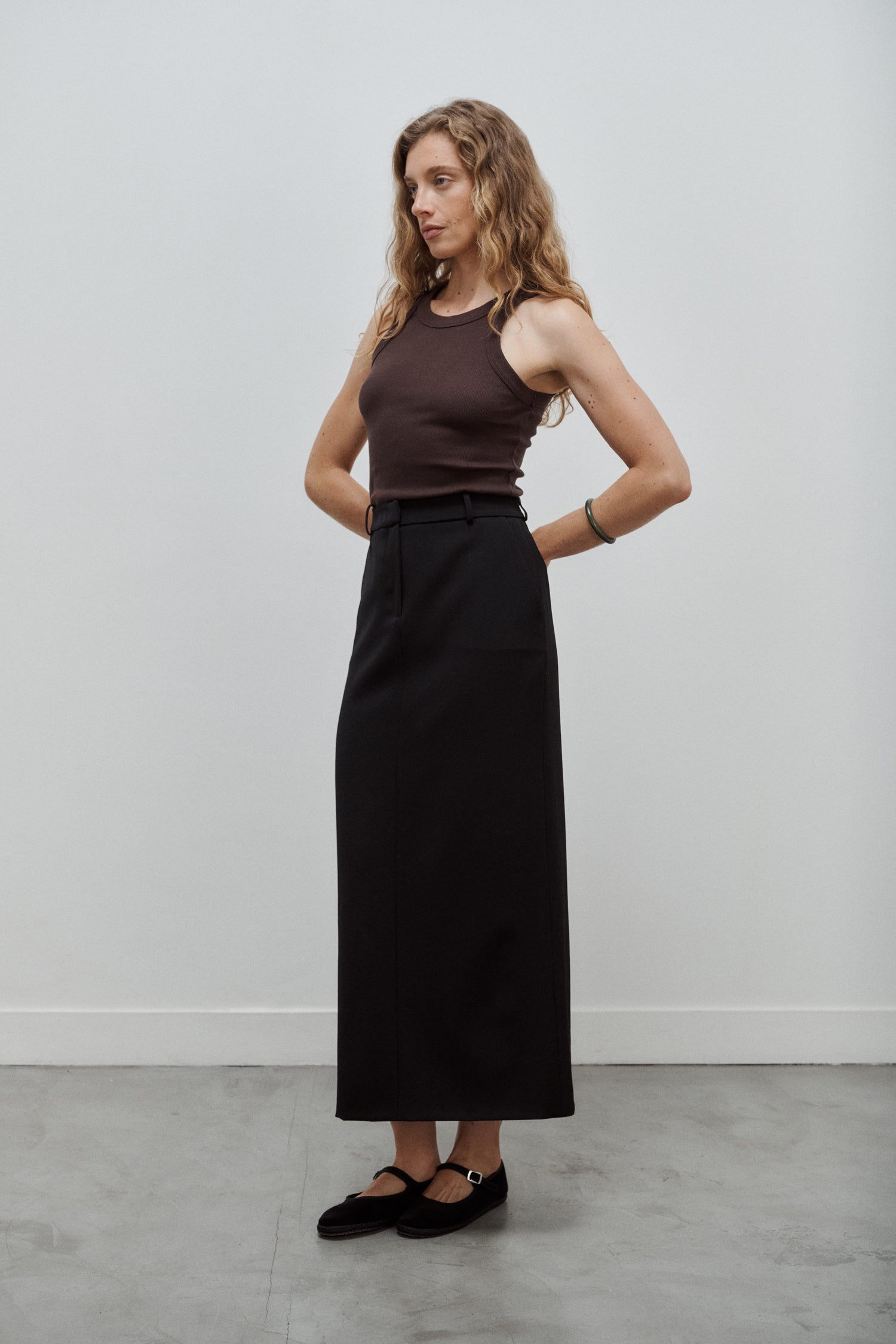 jupe longue tailleur en gabardine de laine noire Made in France par Facettes Studio
