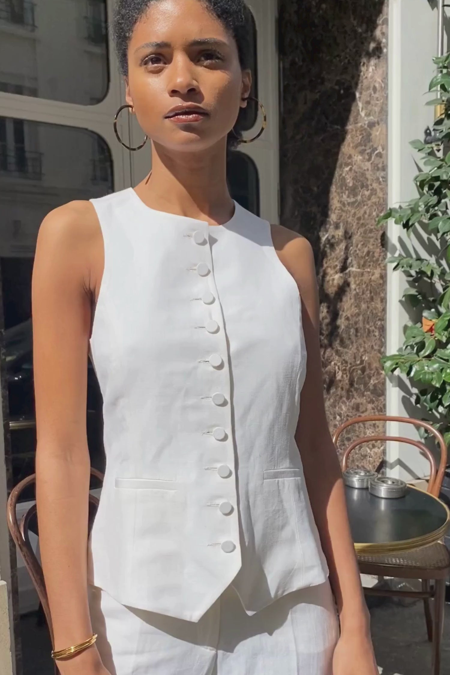gilet veston de tailleur femme toile de lin et soie blanc cassé Made in France par Facettes Studio