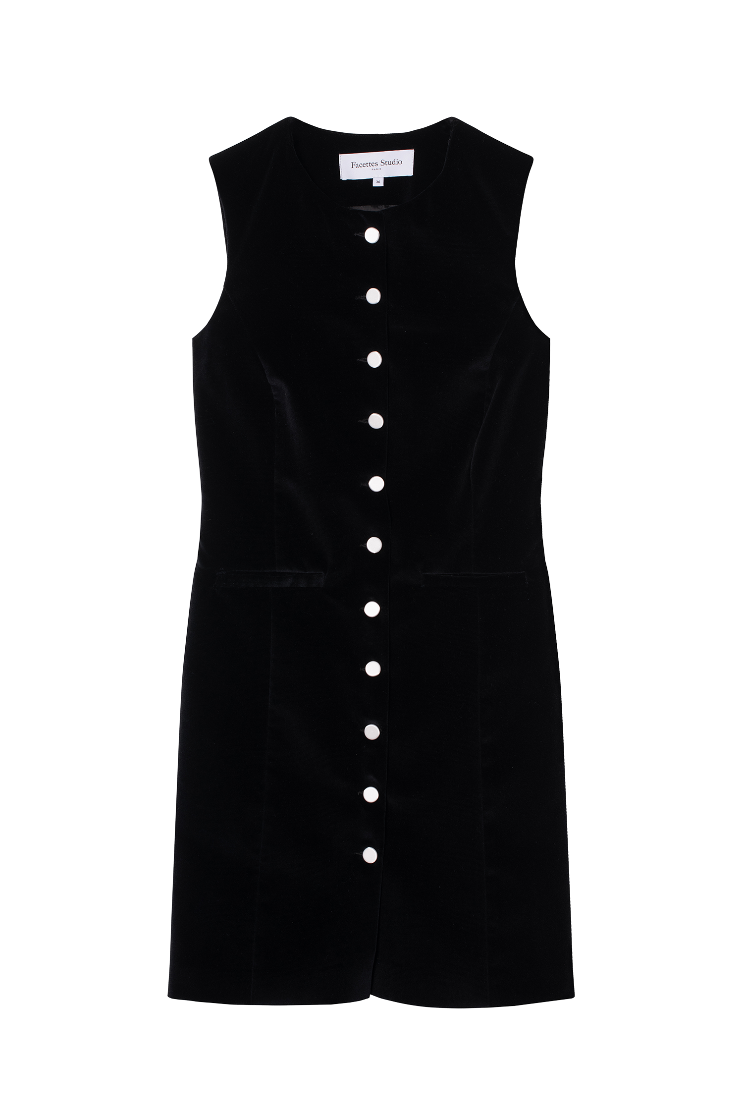 robe courte en velours de coton noir et boutons de satin de soie blanc - Facettes Studio