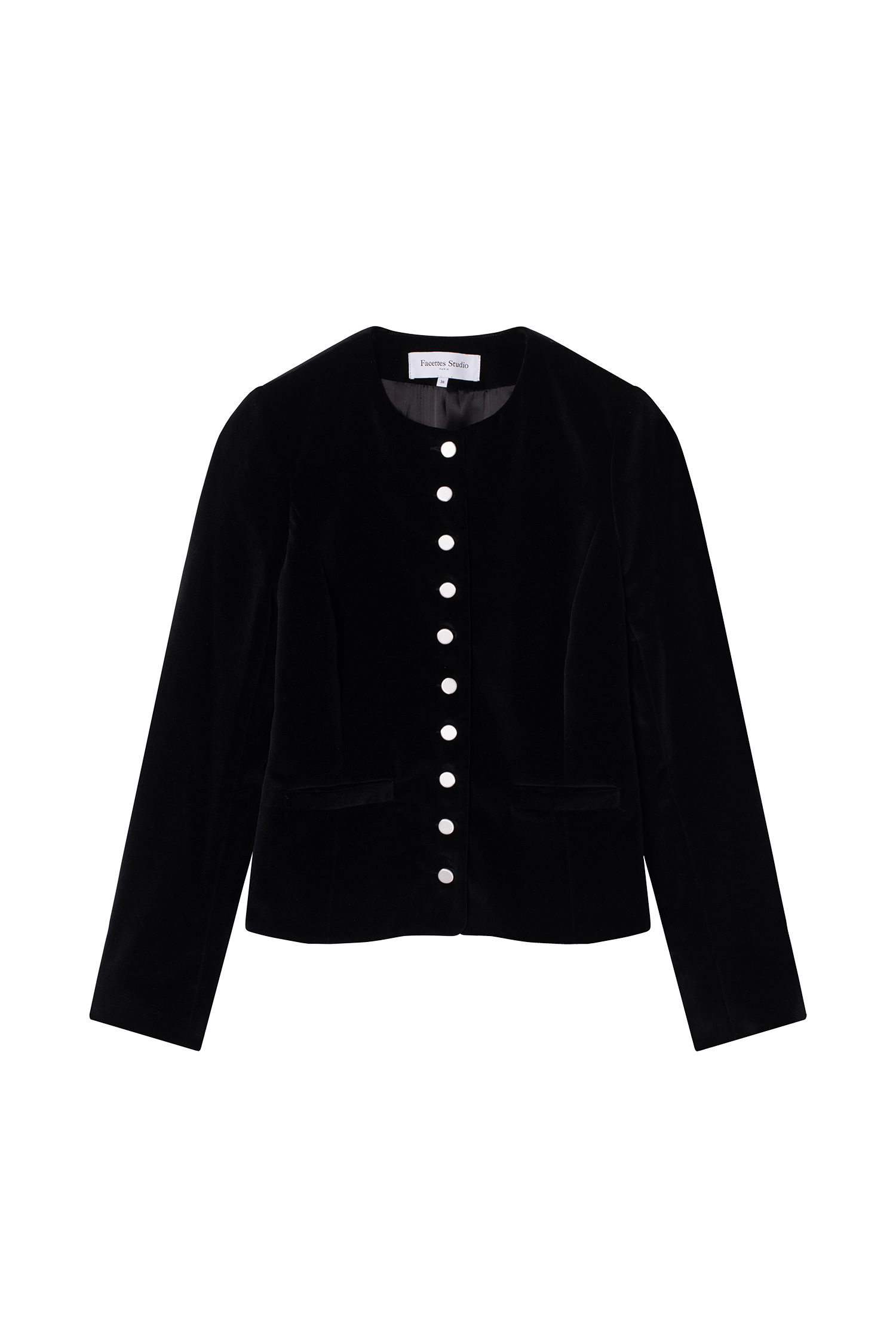 veste femme cintrée en velours de coton noir et boutons de satin blanc - Facettes Studio