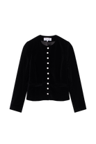 veste femme cintrée en velours de coton noir et boutons de satin blanc - Facettes Studio