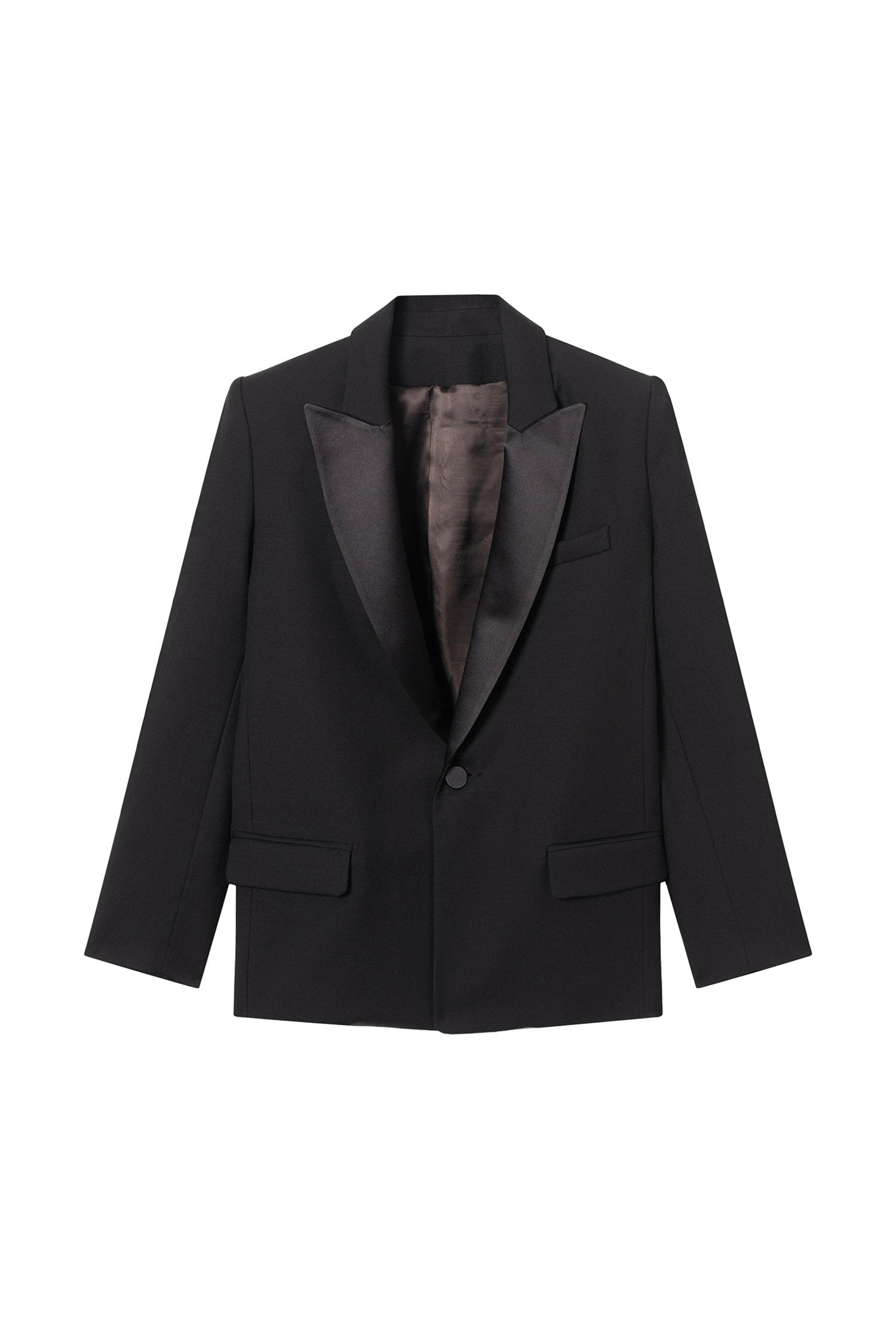 veste smoking femme col satin noir et grain de poudre en laine made in France par Facettes Studio