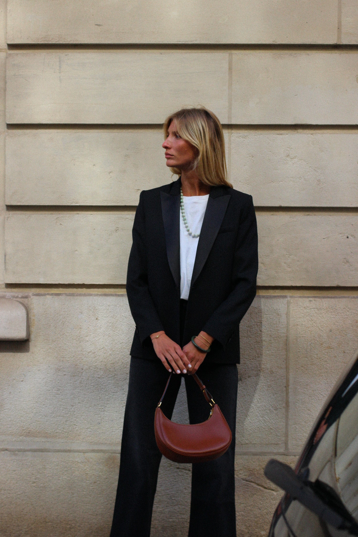 veste smoking femme col satin noir made in France par Facettes Studio