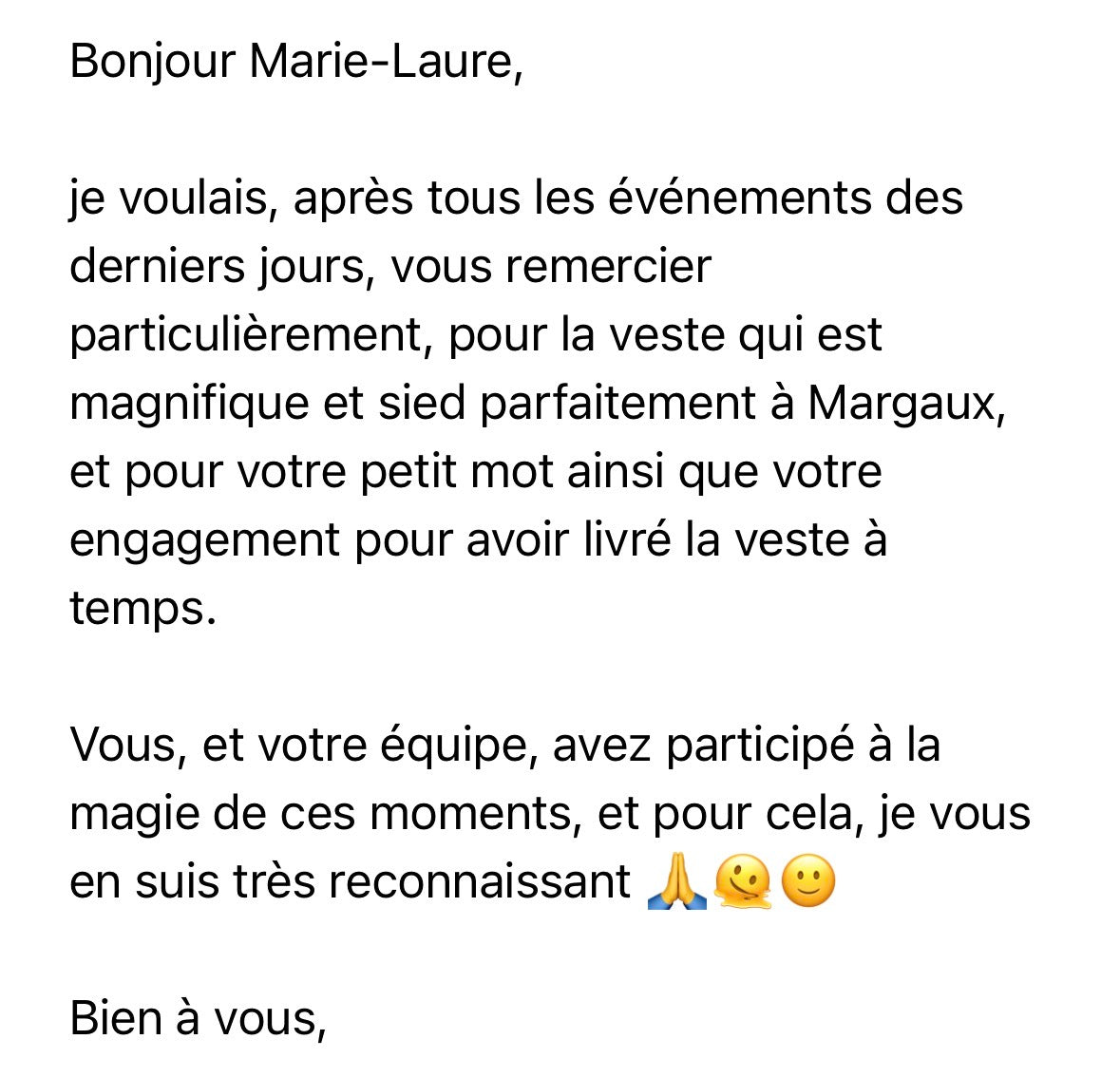 témoignage cliente "la veste qui est magnifique" Facettes Studio